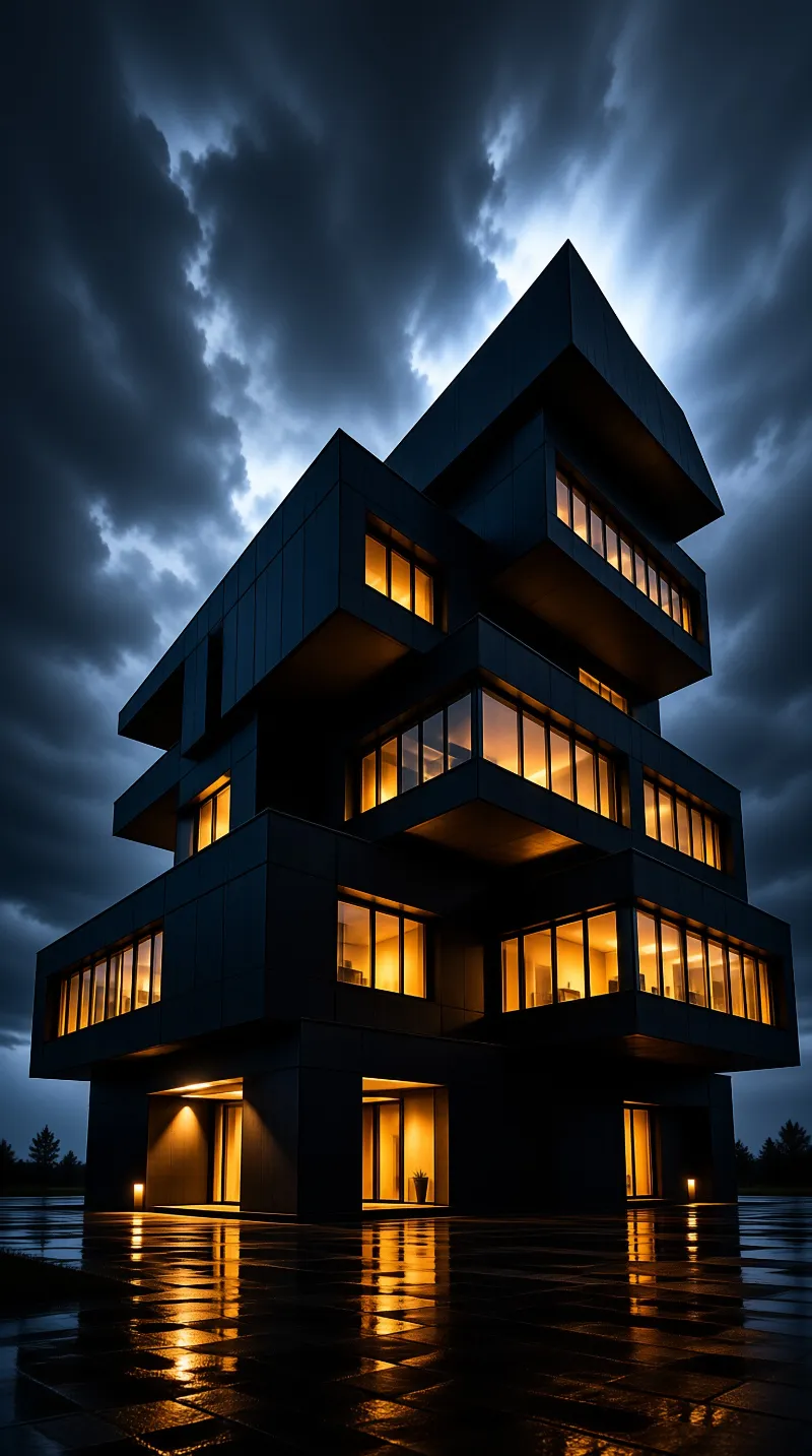Offset dark volumes with warmly lit windows stand on wet pavement beneath a brooding storm sky.