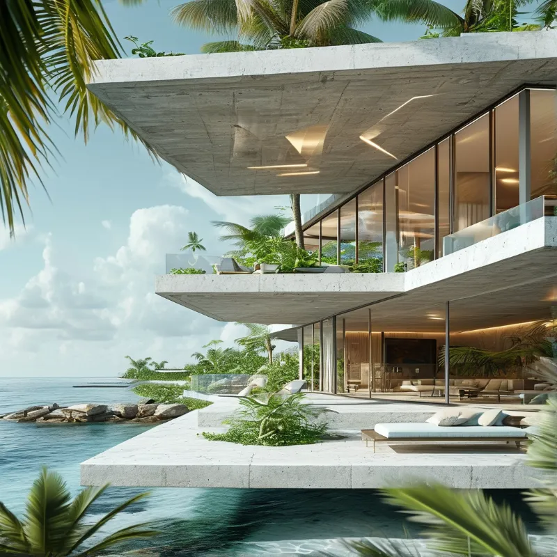 Cantilevered concrete terraces with glass walls and palm trees jut over calm blue water beneath a bright cloudy sky.