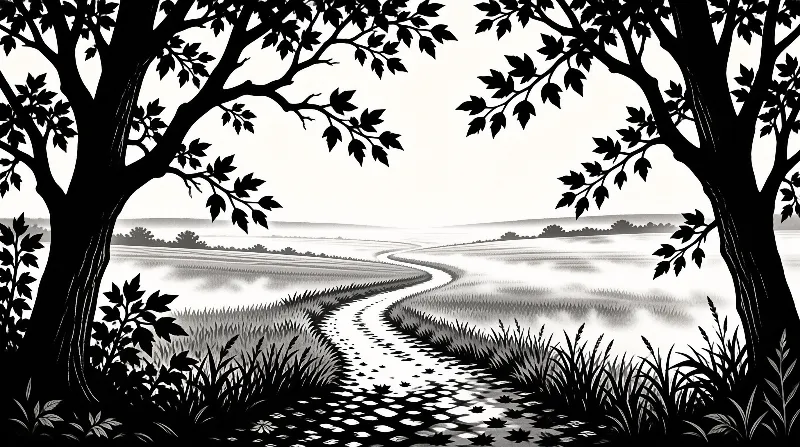 A high contrast illustration shows a curving road leading into foggy hills surrounded by silhouetted foliage.