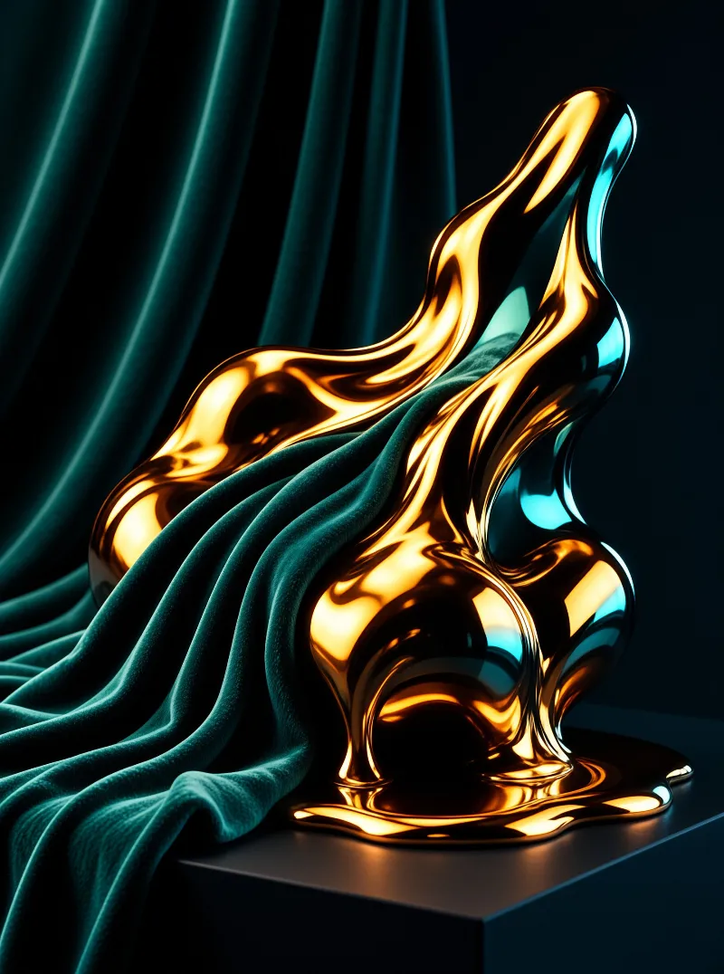 A reflective gold liquid sculpture rests on a dark pedestal next to flowing teal velvet drapes under studio lighting.