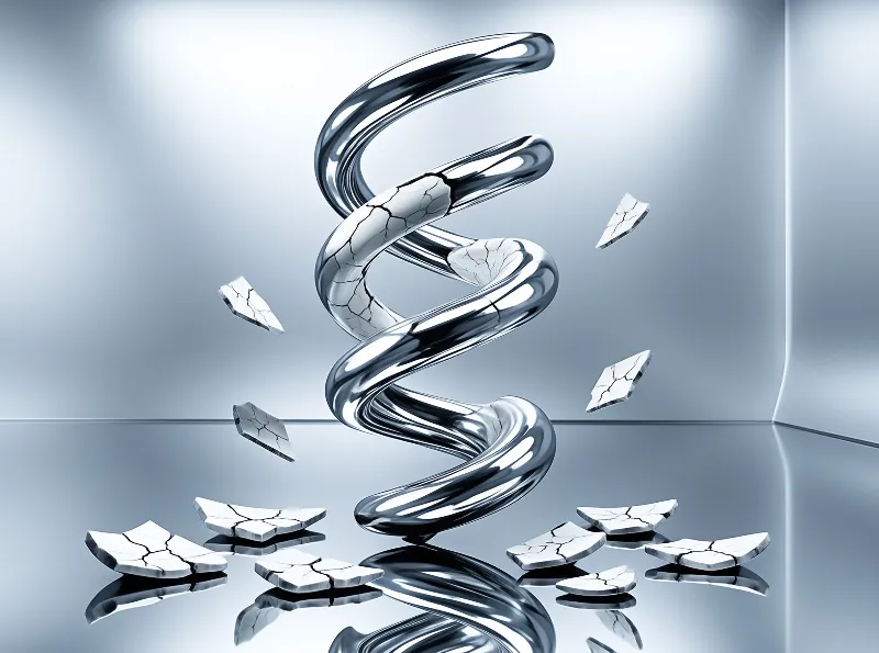 A shiny metallic helix breaks apart with fragments floating above a glossy reflective floor under cool blue lighting.