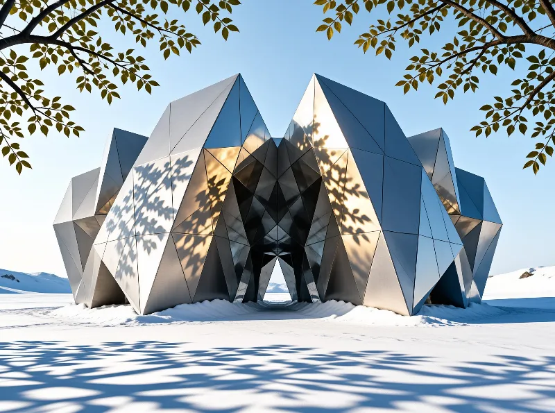 Faceted silver sculpture in vast snowfield with leaf shadows under blue sky