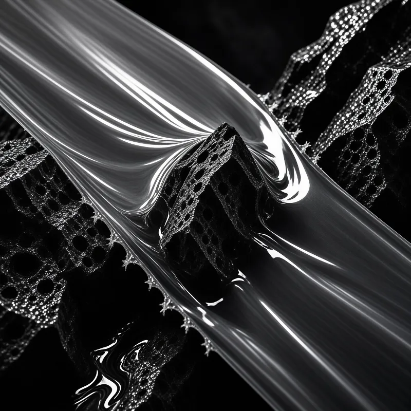 A black and white detail of smooth plastic stretching over a porous sponge with bright specular highlights.