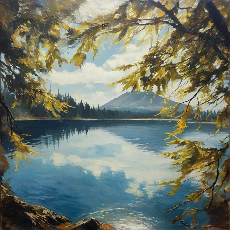 An oil landscape painting depicts a tranquil alpine lake reflecting clouds, framed by drooping yellow autumn willow branches overhead.