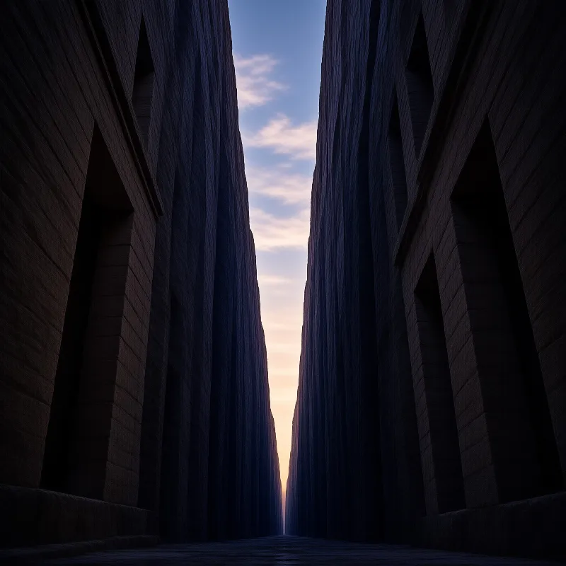 Two towering dark structures create a narrow vertical gap revealing a gradient sky transitioning from blue to pink at dusk.