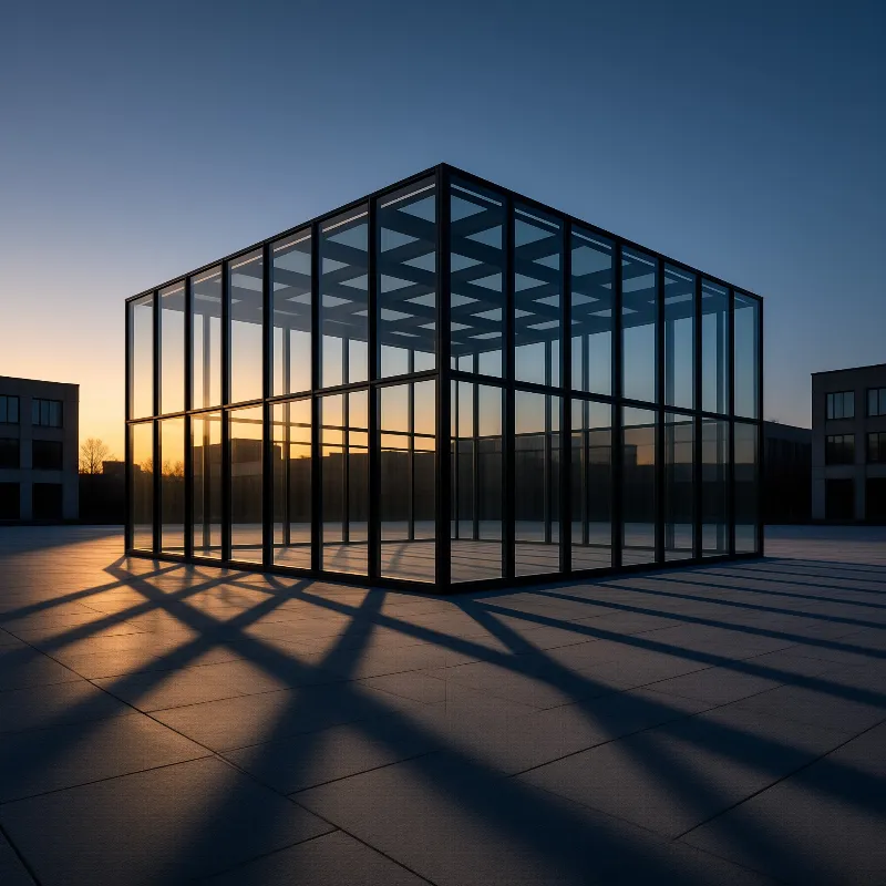 A transparent glass grid structure sits on a paved plaza casting long shadows across the ground at dusk.