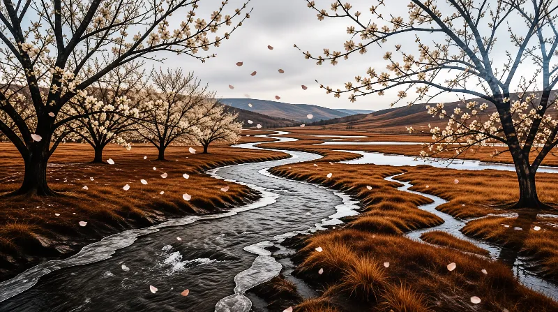 Pale blossoms drift from branching trees while a winding river flows through golden grasslands toward distant hills.