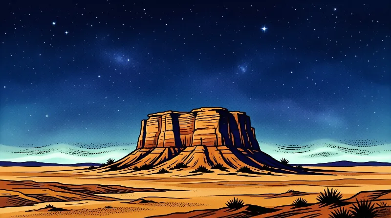 An illustrated desert scene with a large mesa under a deep blue starry sky and scattered cacti in the sandy foreground.