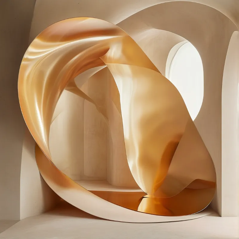 A large golden metal sculpture with smooth curves stands in a beige interior with arched wall openings and soft lighting.