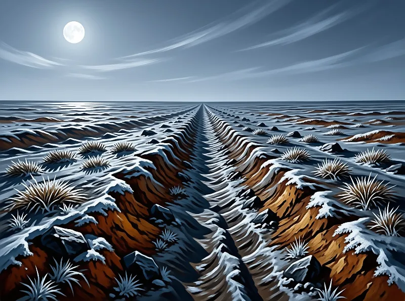A narrow groove runs straight into the distance across a field of rippled earth and snow beneath a pale moon.