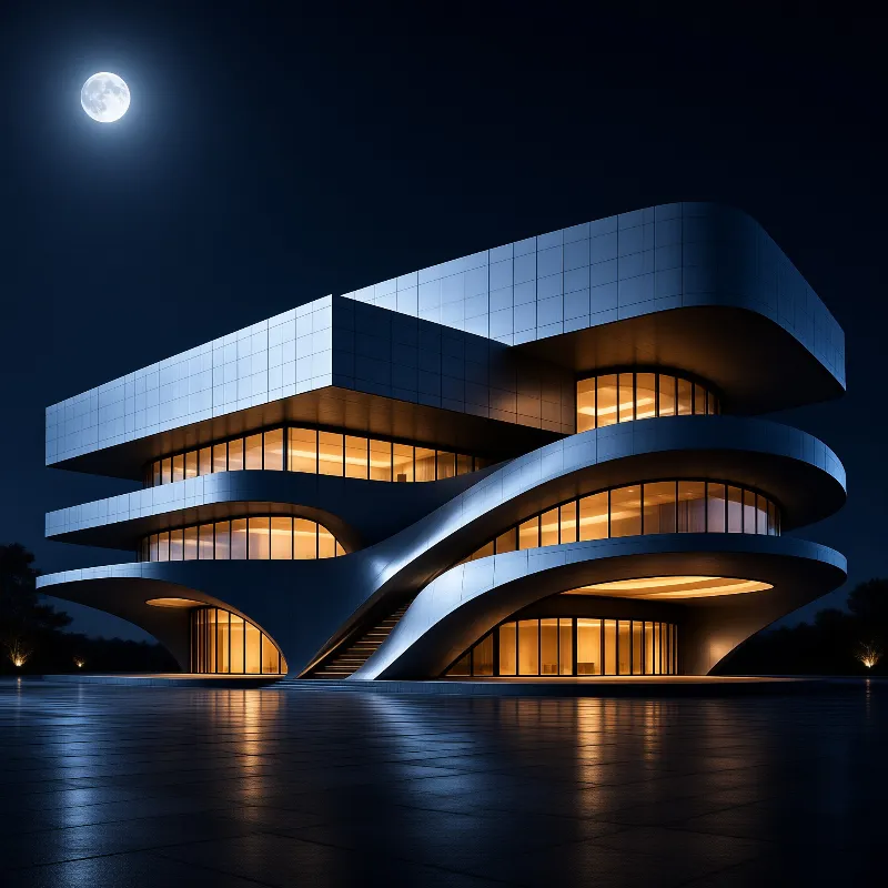 A sleek metallic building with flowing curves and warm interior lights sits on a reflective plaza beneath a large moon.