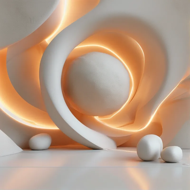 Smooth matte circles and rounded stones overlap against a glowing peach halo, casting soft shadows on a pale floor