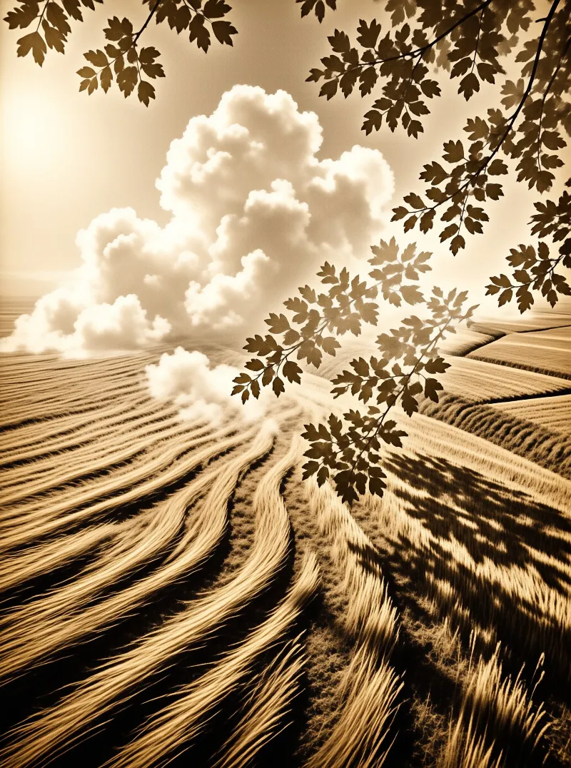 Wind creates rippled patterns across a golden wheat field while tree branches frame a sky filled with large cumulus clouds.