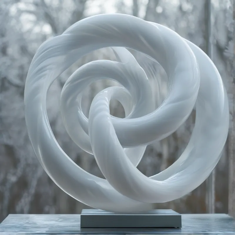 A glossy white sculpture featuring intertwined loops rests on a dark plinth against a soft blurred natural backdrop.