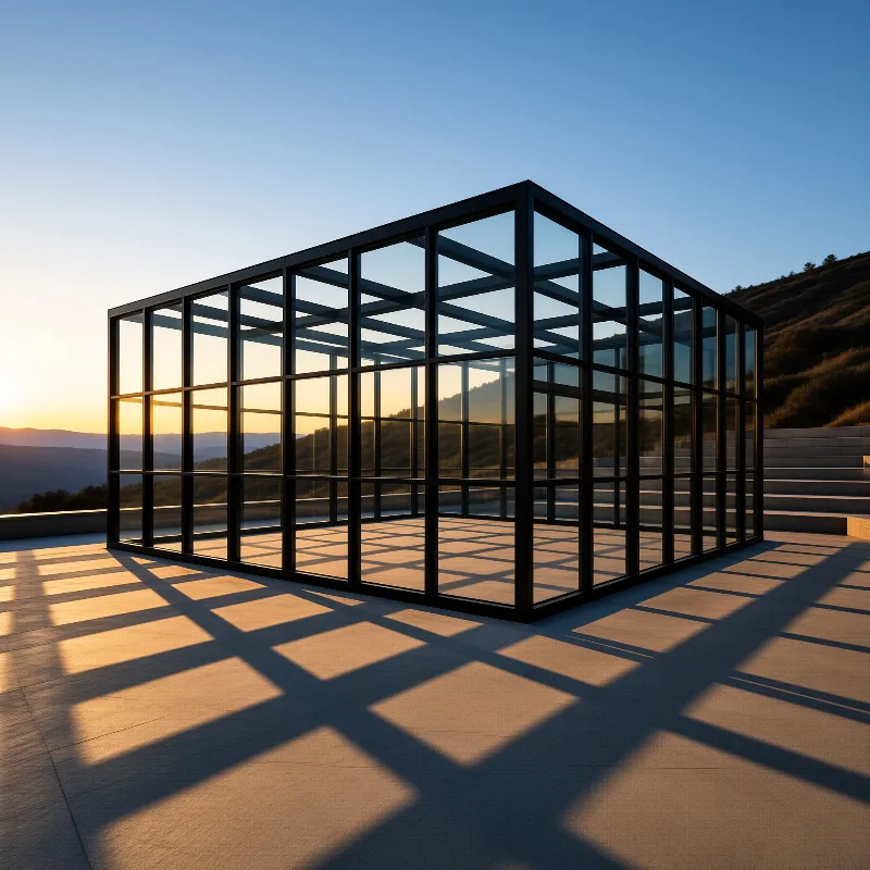 A rectangular glass building featuring a black frame sits on a paved deck as evening light projects sharp grid-like shadows onto the ground near a mountainous landscape.