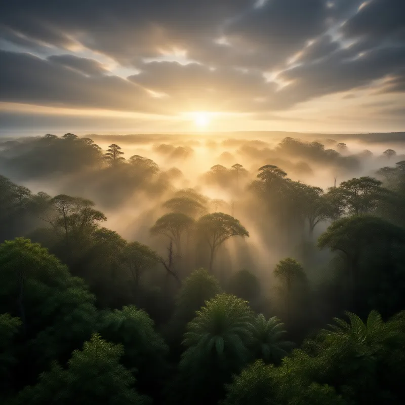 Sunrise Over Misty Tropical Forest