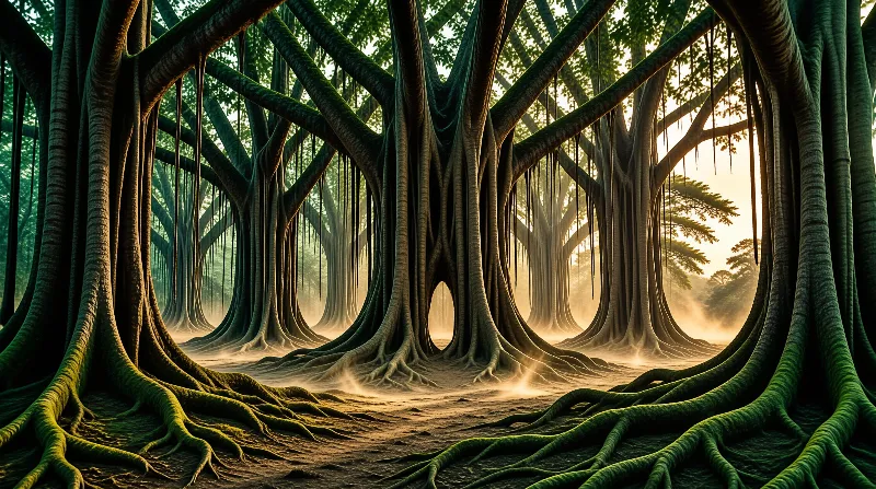 Massive tree trunks curve inward to form a tunnel illuminated by warm sunlight filtering through the canopy above.