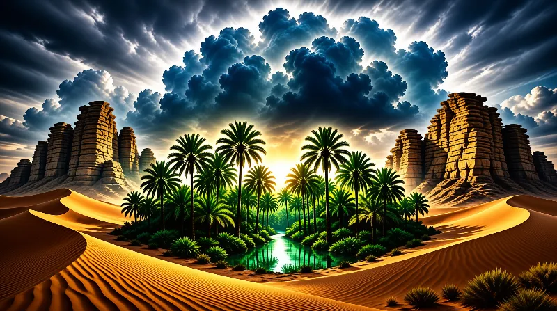 Turquoise water winds through date palms while sand ridges and tall rock fins frame a storm lit sunset.