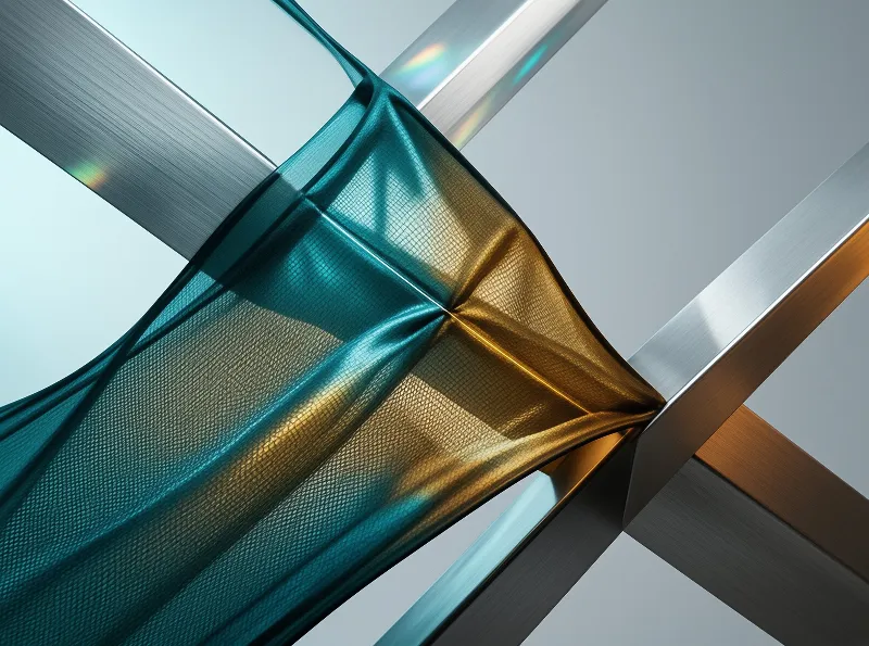 A translucent woven textile in teal and gold drapes over intersecting silver metal beams showing rainbow light.