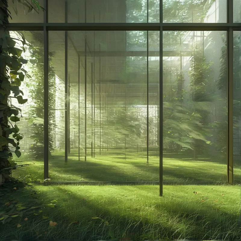 A large glass structure frames a misty green forest interior where sunlight filters through fog onto the grassy ground.