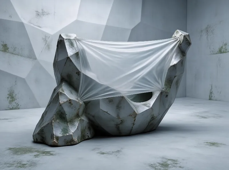 A large, irregular rock formation in a concrete room with angular geometric walls has a thin white fabric stretched taut between its highest peaks, with soft light emphasizing the contrast between the rough stone and smooth fabric