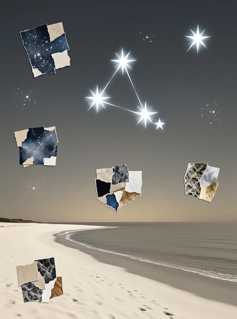 Surreal landscape featuring torn paper pieces floating over a calm beach with bright stars in the sky.