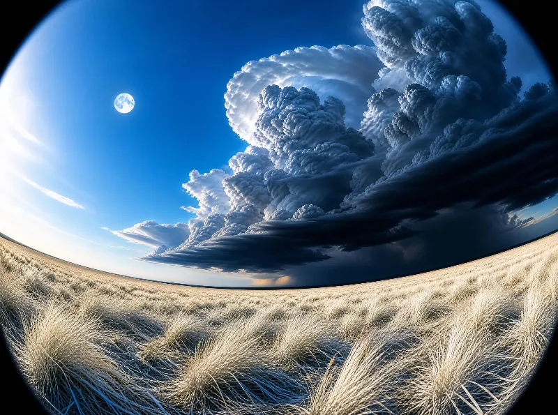 A vast grassy plain stretches under dramatic storm clouds with a bright moon in a clear blue sky