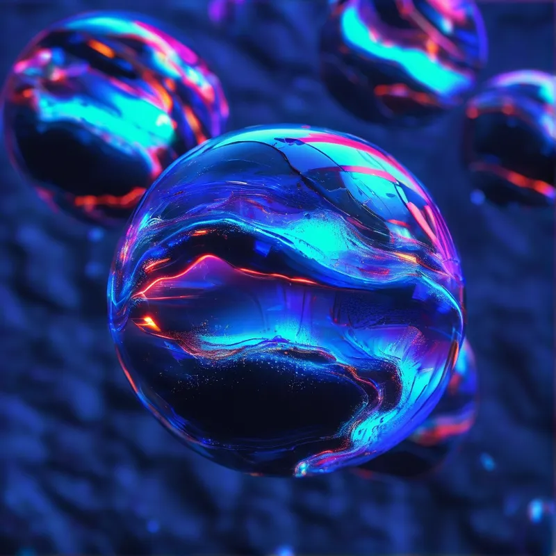 A cluster of shiny orbs suspended in a deep blue environment with colorful reflections.