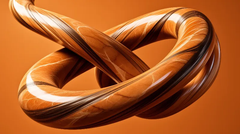 A glossy twisted loop of marbled stone sweeps through a saturated tangerine backdrop with dark veining.