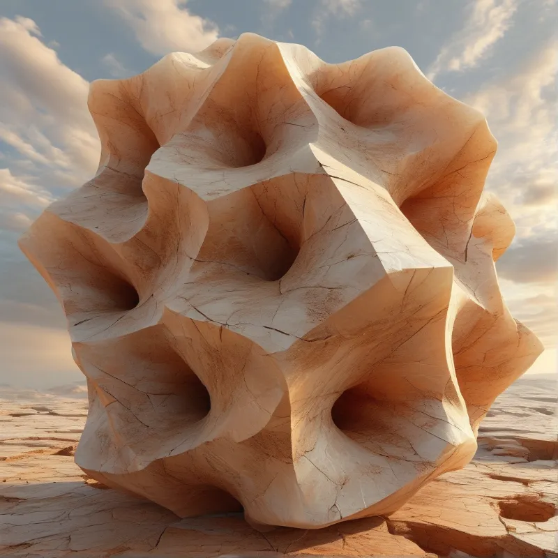 A hollowed wood sculpture sits in a desert landscape with warm sunlight highlighting its deep curves and wood grain texture.
