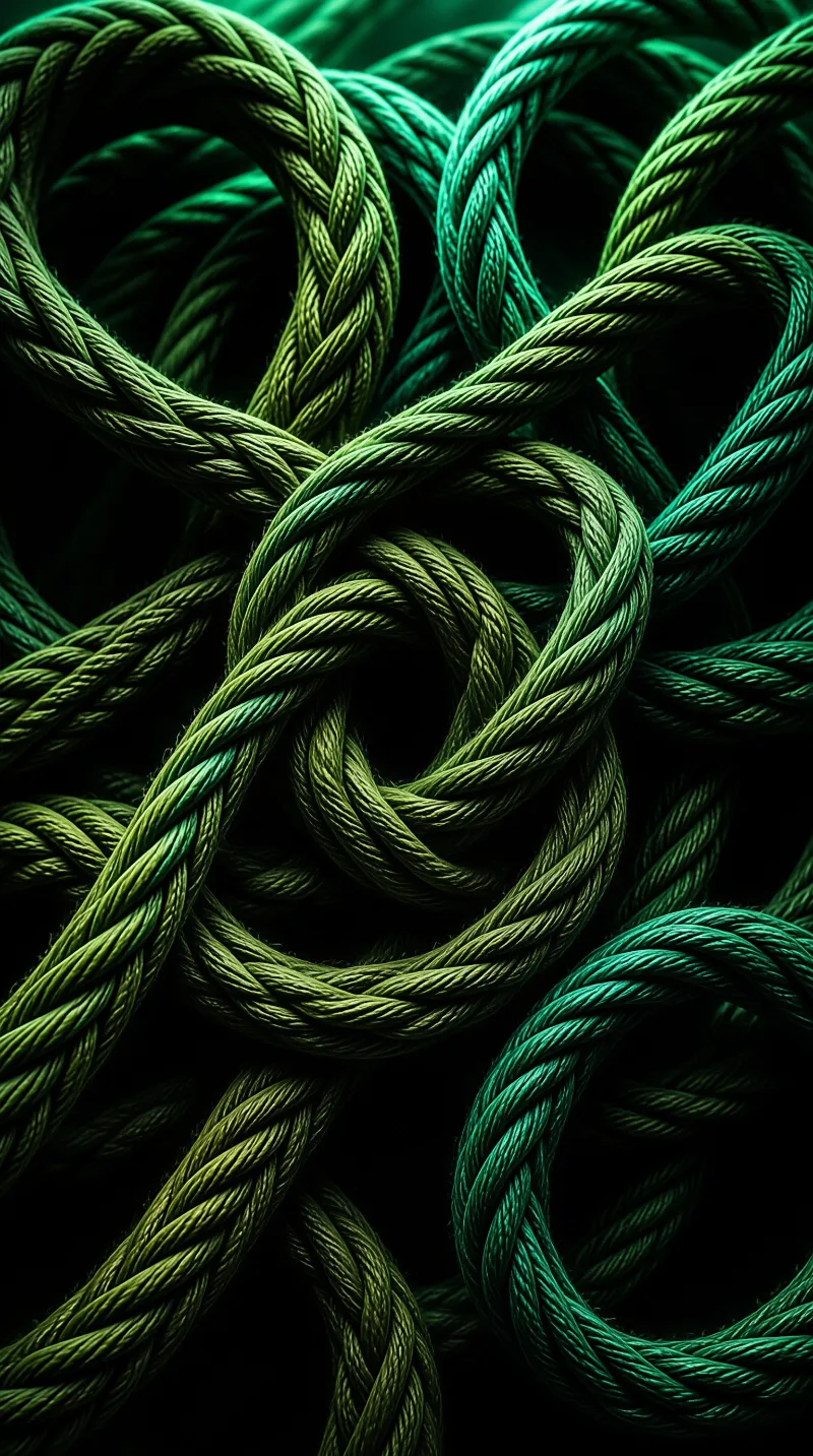 Thick twisted cords in green and olive loop and knot against a black void, lit to reveal every fiber strand