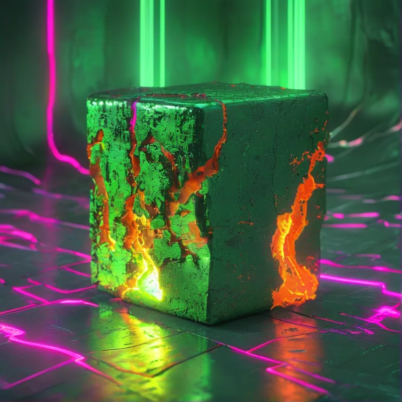 Textured green cube with glowing orange cracks sits on a floor with pink neon lines.