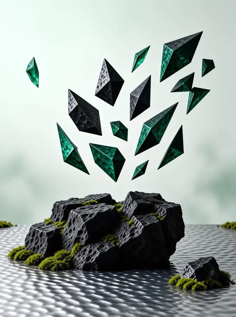 Green Shards Over Black Rocks