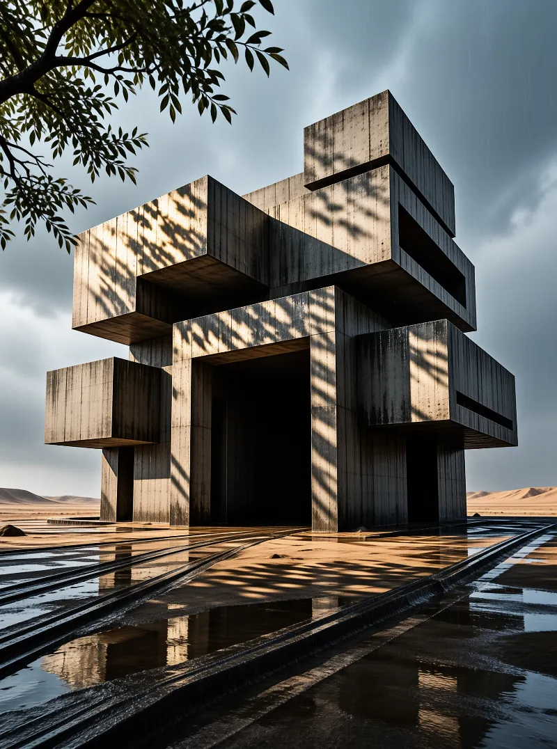 Dappled leaf shadows play across a monolithic concrete cube cluster reflected in rain puddles on wet sand.