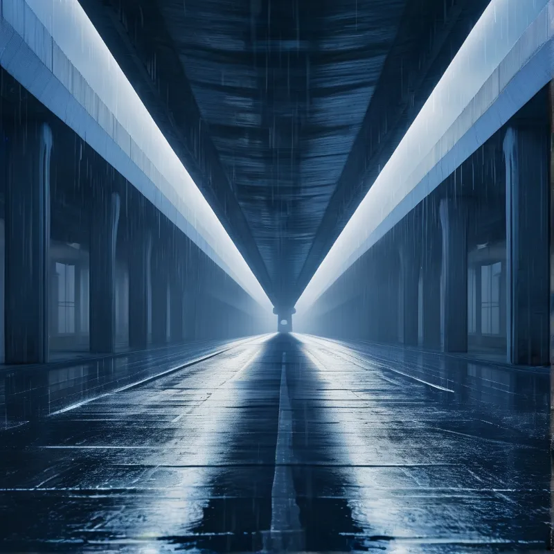 A long blue corridor with wet reflective flooring and bright white ceiling lights receding toward a distant silhouette