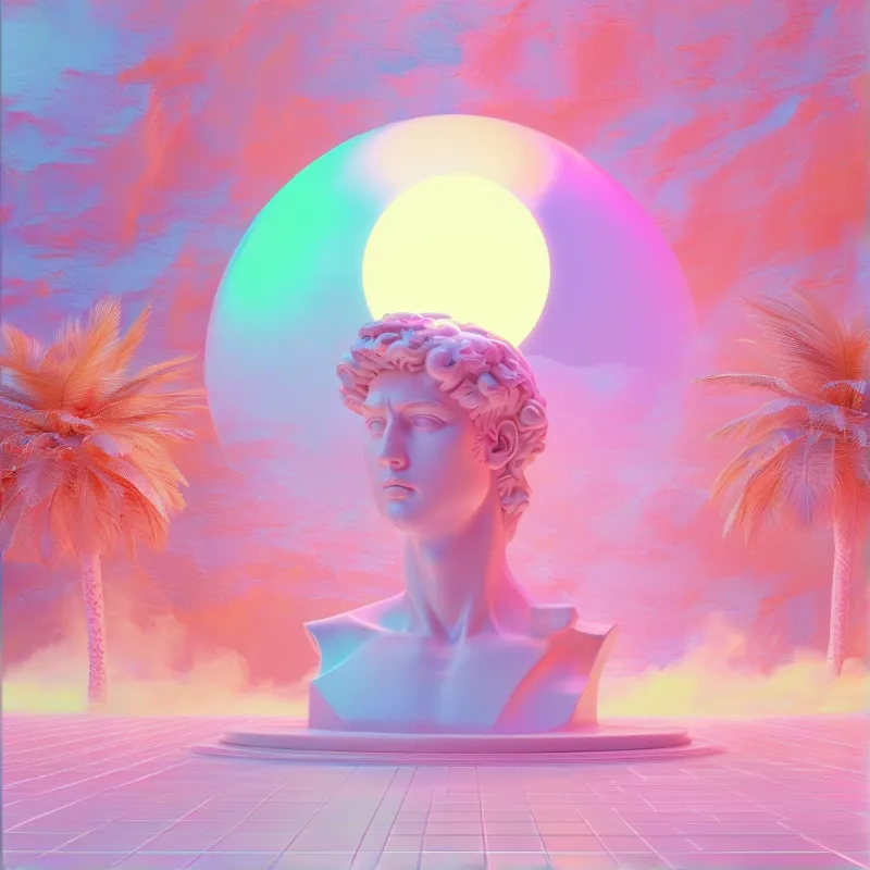 Classical sculpture on a plinth beneath a radiant orb and pastel sky, flanked by palms in a surreal retro environment.
