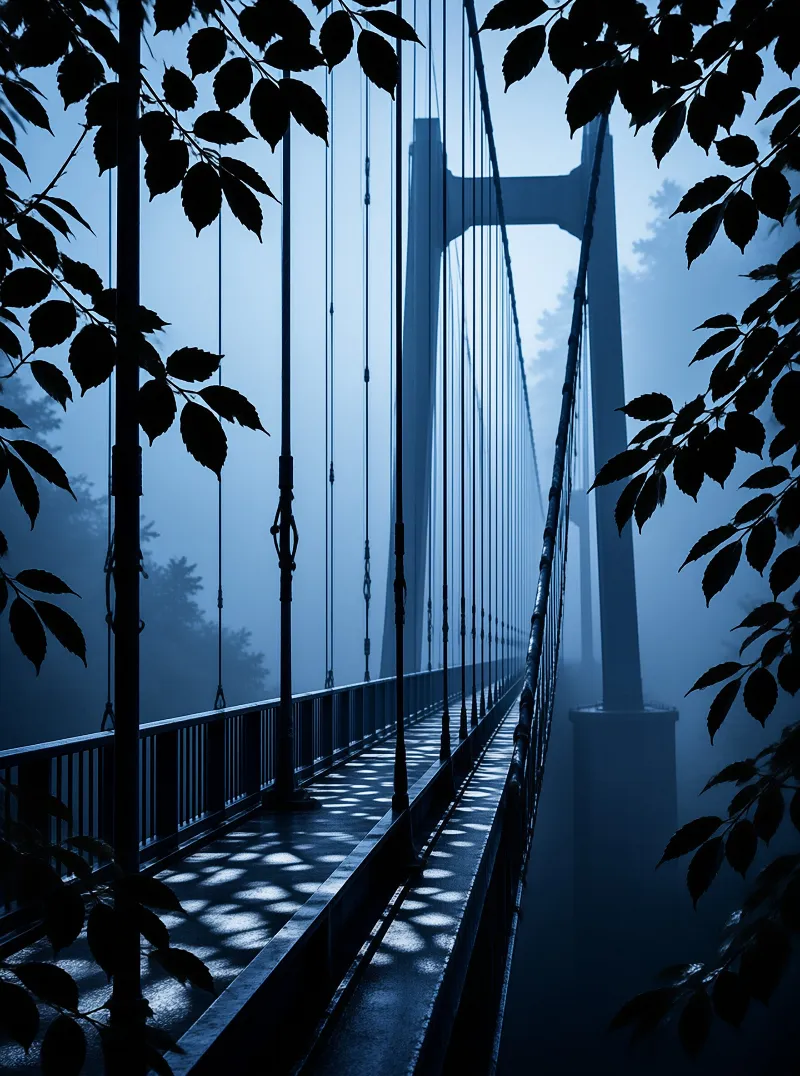 A suspension bridge stretches into foggy blue air framed by dark leaves and casting dappled shadows on the walkway.