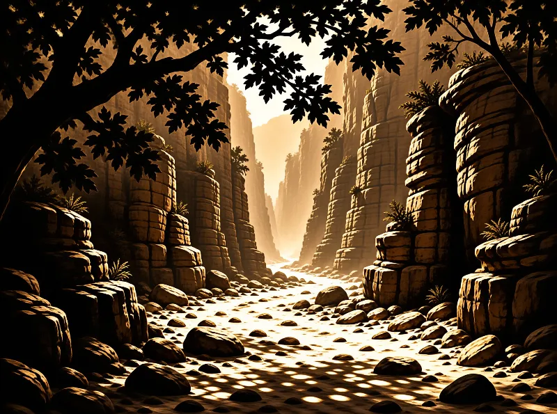 Sunlight floods a slot canyon whose dry floor is scattered with rounded boulders under dark branches
