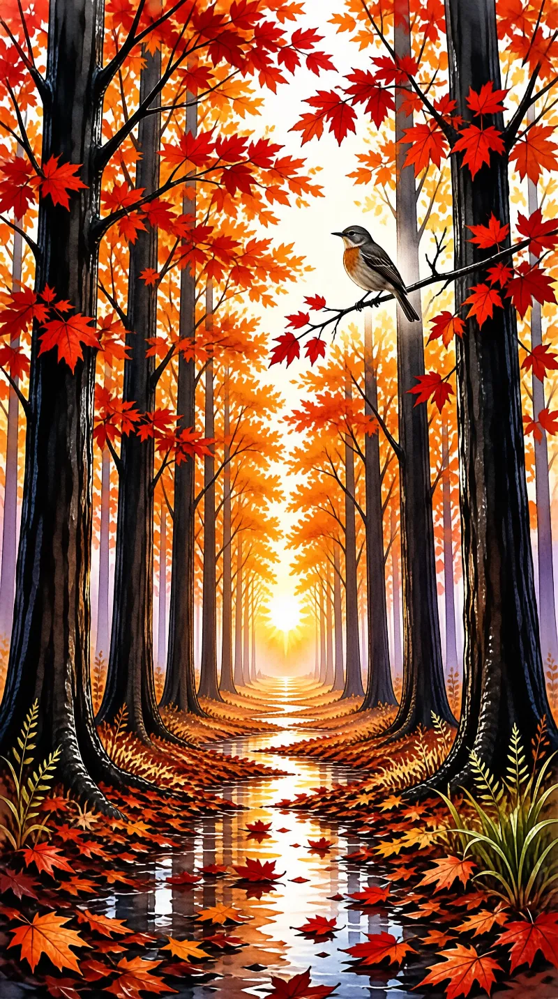 A songbird perches on a branch in a forest of tall trees with fiery orange foliage as light glows from the center.