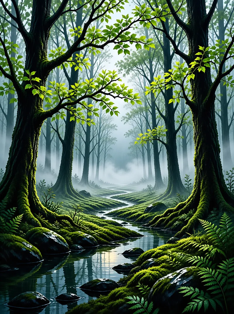 A winding water path cuts between tall trees covered in thick green moss while soft fog diffuses the sunlight.