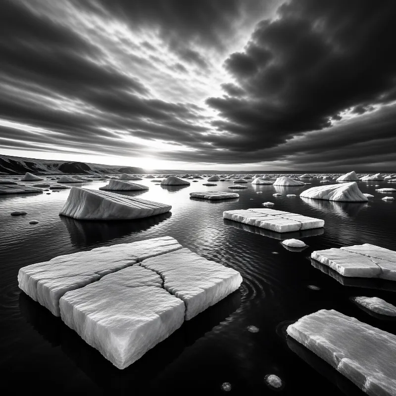 Geometric ice blocks drift on dark water beneath a stormy sky with light breaking near the horizon.