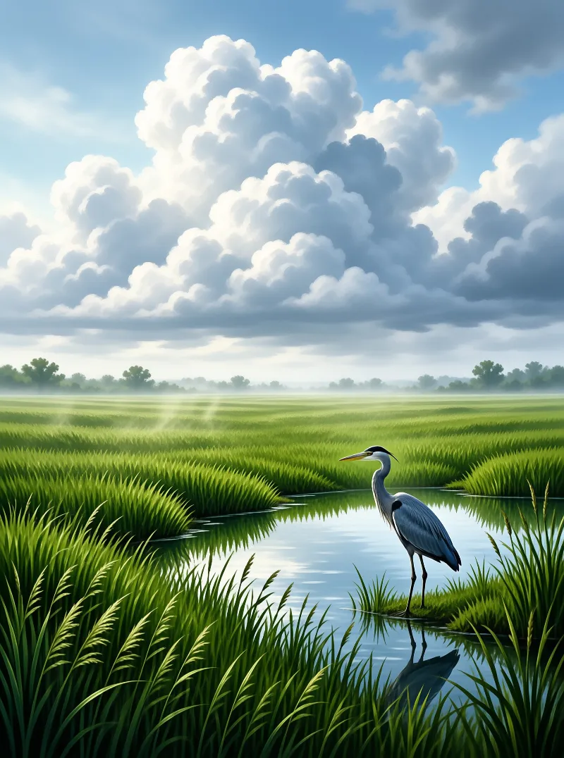 A grey heron with a black crested head pauses on a grassy islet, mirrored in still water beneath white clouds.