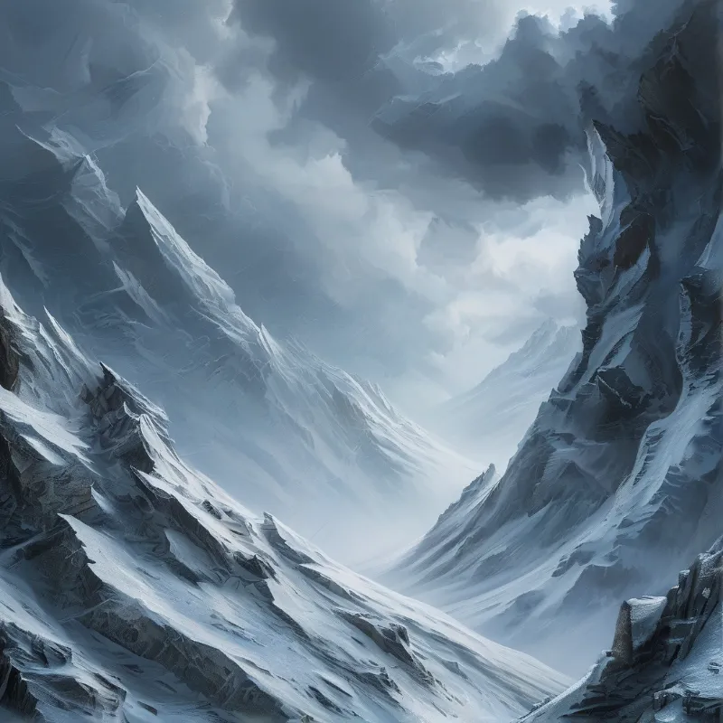 Steep icy mountain walls frame a narrow glacial valley draped in white under dark swirling overcast skies.