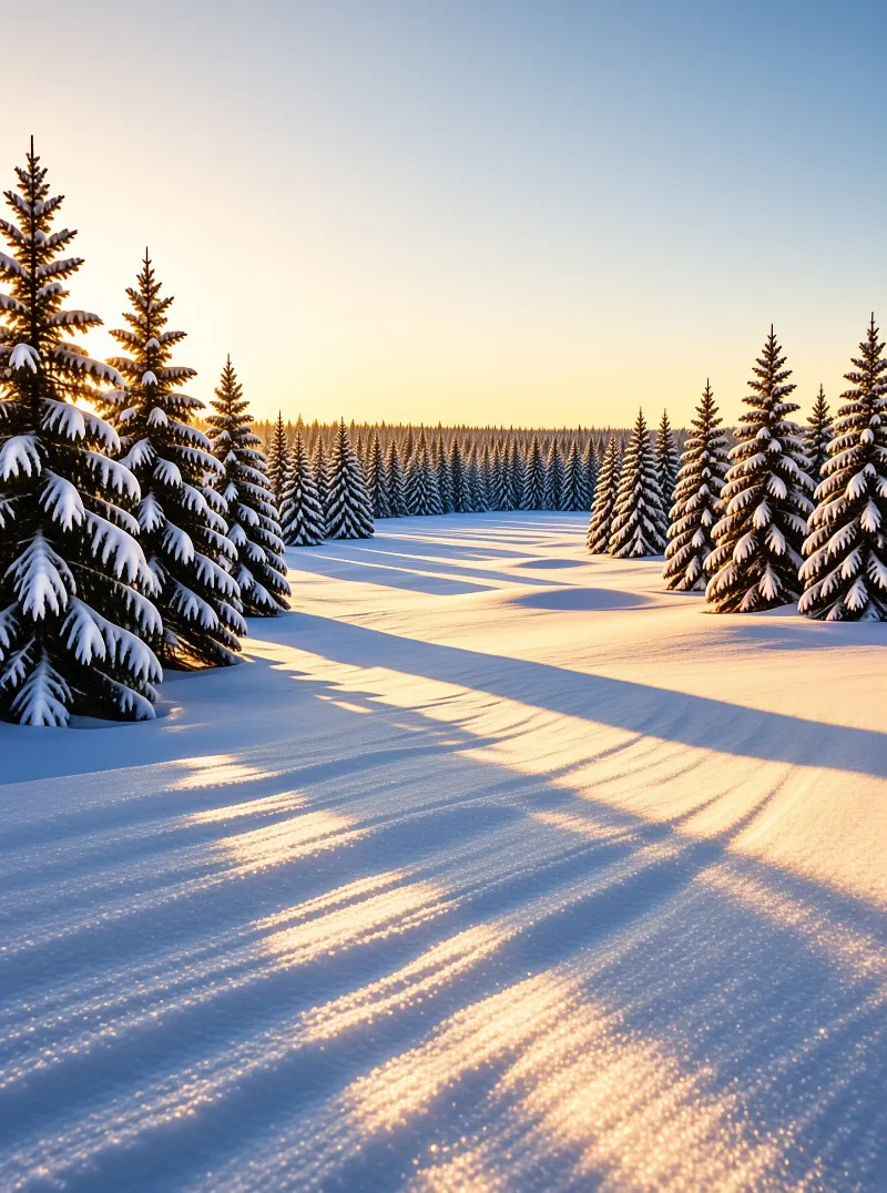 Snow-covered pine trees stand in a winter forest with long golden shadows stretching across the fresh snow during sunset.