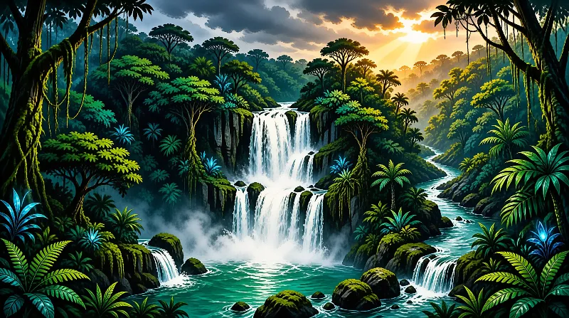 A massive waterfall flows through a dense jungle forest illuminated by warm sunset light.