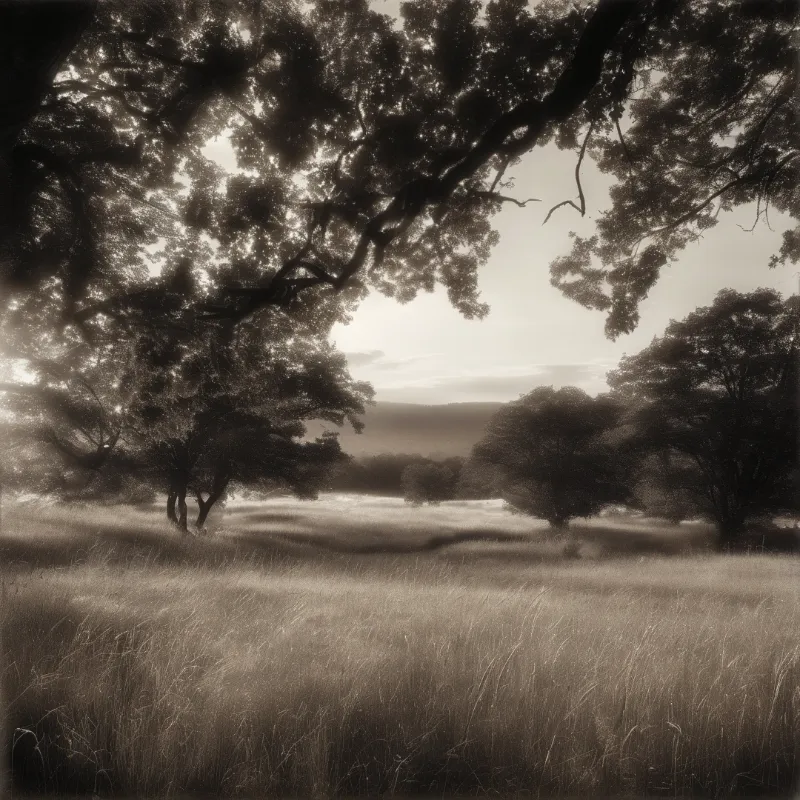 Tall grass covers the foreground of a sepia landscape with scattered trees standing in a misty valley.