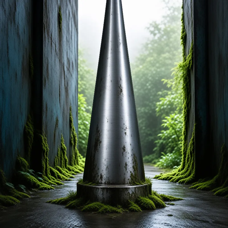 A tapering brushed-metal monolith stands on wet stone, flanked by weathered concrete panels thick with green moss.
