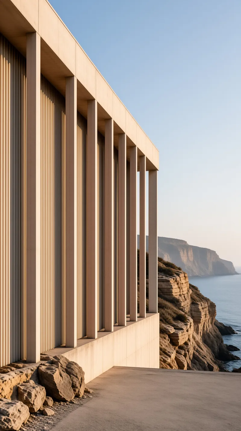Tall beige columns line a terrace overlooking a rugged sea cliff and distant coastal headland in soft golden light.