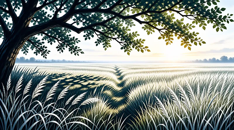 A large dark tree extends over a vast white wheat field bathed in soft sunrise light casting long shadows.