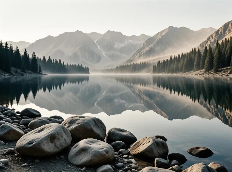 A calm alpine lake mirrors the surrounding forested mountains under a soft misty morning light.